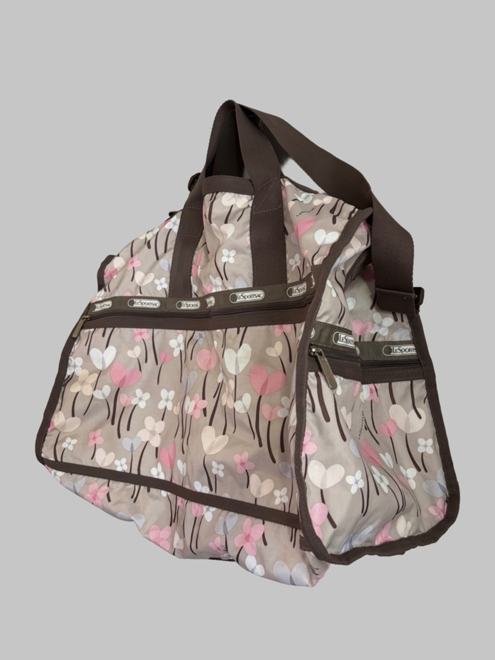 LeSportsac Large Weekender Duffel Bag Heart Floral Print Brown Pink Travel Tote - Picture 3 of 4